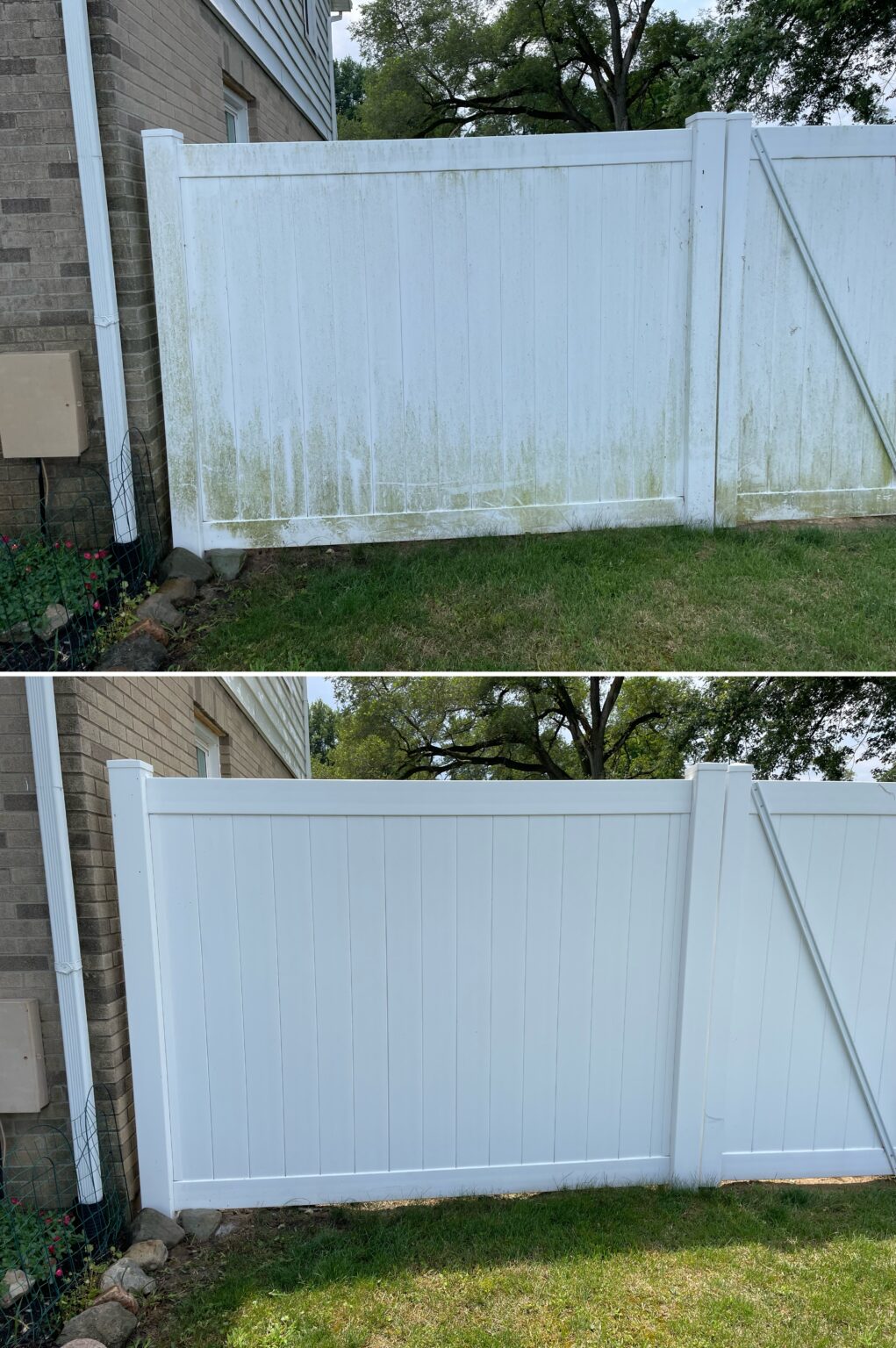 Before and after vinyl fence cleaning removing algae in Lima, Ohio