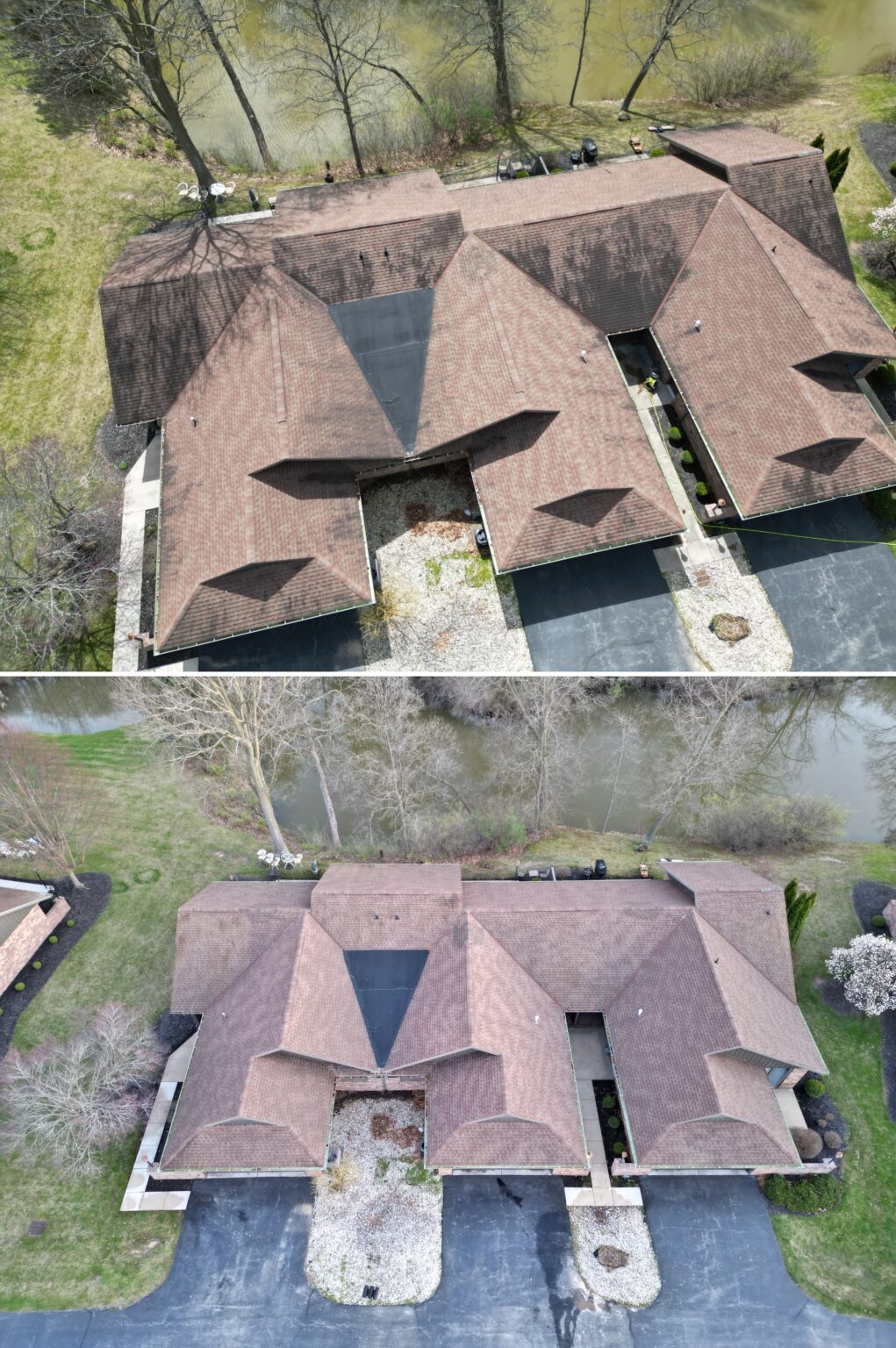 Before and after soft-wash roof cleaning removing black streaks in Findlay, Ohio