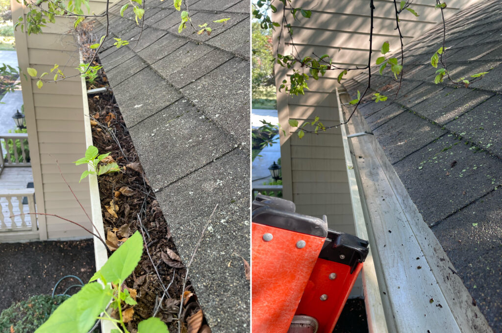 Gutter cleaning and downspout clearing on a home in Lima, Ohio