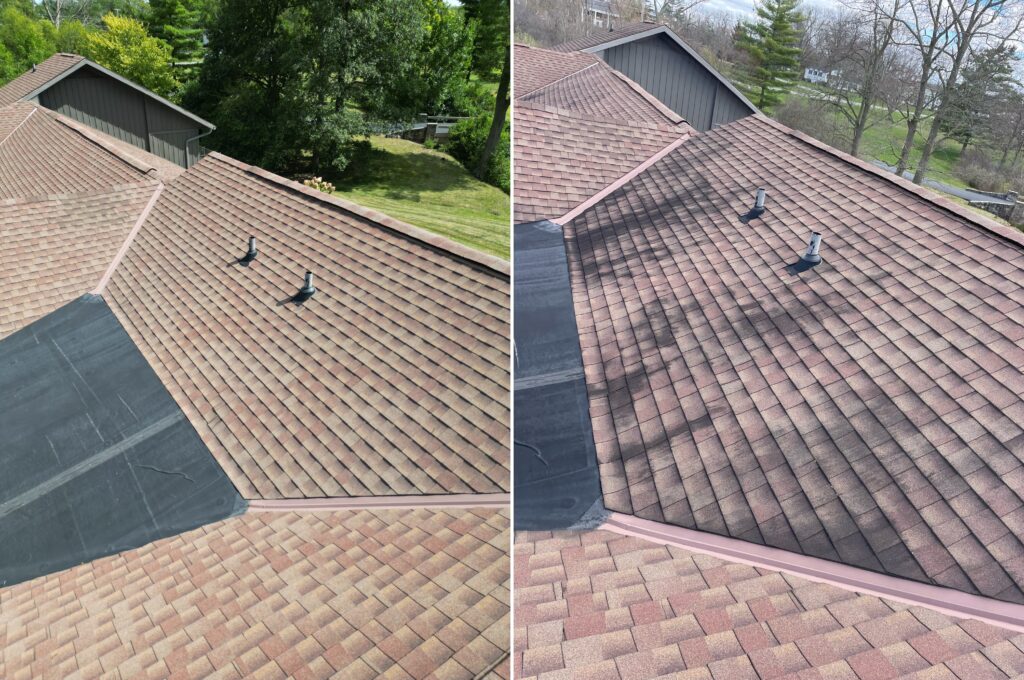 Soft-wash roof cleaning lifting black algae streaks in Lima, Ohio